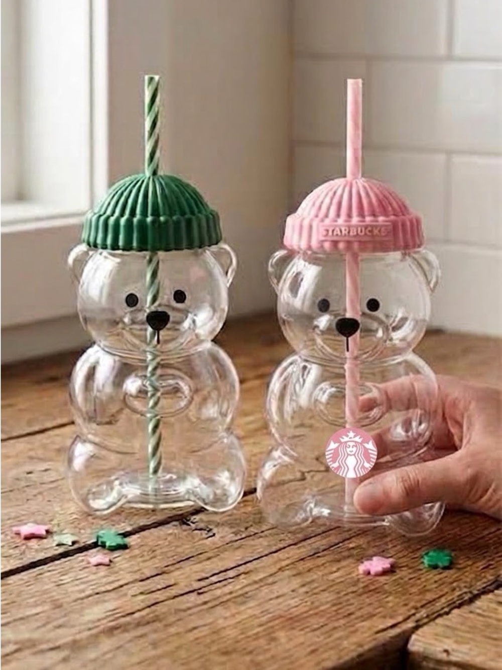 Starbucks 2x Bear-Shaped Reusable Cups with Green Pink Lids lot bundle